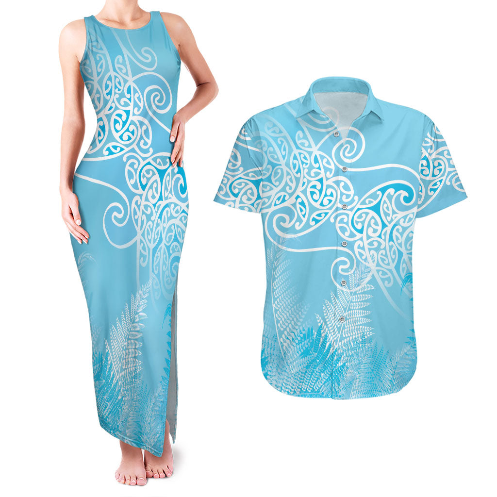 Aotearoa Maori Koru Curves Couples Matching Tank Maxi Dress and Hawaiian Shirt Silver Ferns - Turquoise LT7 Turquoise - Polynesian Pride