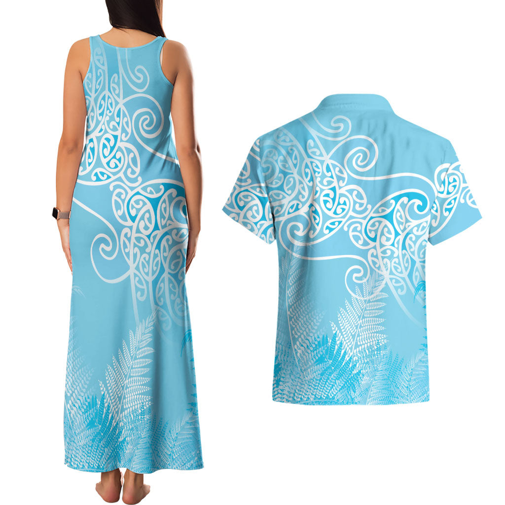 Aotearoa Maori Koru Curves Couples Matching Tank Maxi Dress and Hawaiian Shirt Silver Ferns - Turquoise LT7 - Polynesian Pride