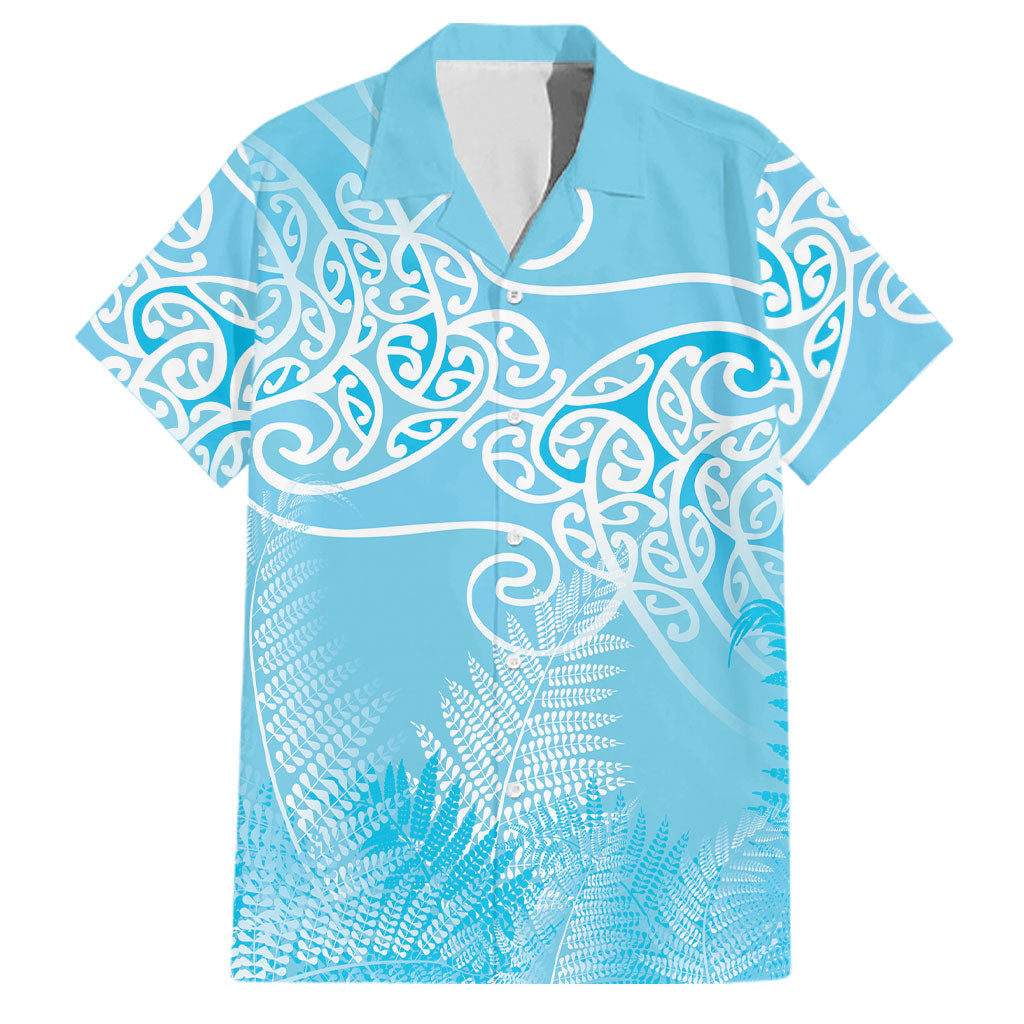 Aotearoa Maori Koru Curves Family Matching Long Sleeve Bodycon Dress and Hawaiian Shirt Silver Ferns - Turquoise LT7 Dad's Shirt - Short Sleeve Turquoise - Polynesian Pride