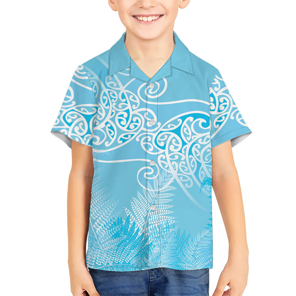 Aotearoa Maori Koru Curves Family Matching Long Sleeve Bodycon Dress and Hawaiian Shirt Silver Ferns - Turquoise LT7 Son's Shirt Turquoise - Polynesian Pride