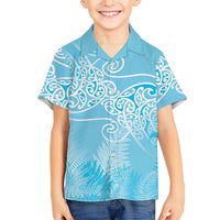 Aotearoa Maori Koru Curves Family Matching Long Sleeve Bodycon Dress and Hawaiian Shirt Silver Ferns - Turquoise LT7 Son's Shirt Turquoise - Polynesian Pride