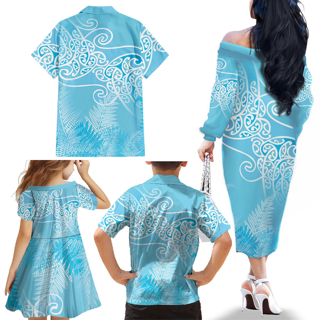 Aotearoa Maori Koru Curves Family Matching Off The Shoulder Long Sleeve Dress and Hawaiian Shirt Silver Ferns - Turquoise LT7 - Polynesian Pride