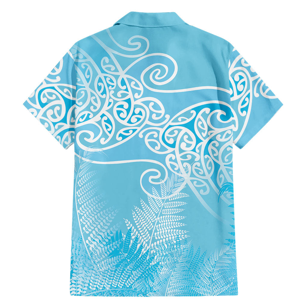 Aotearoa Maori Koru Curves Family Matching Off The Shoulder Long Sleeve Dress and Hawaiian Shirt Silver Ferns - Turquoise LT7 - Polynesian Pride