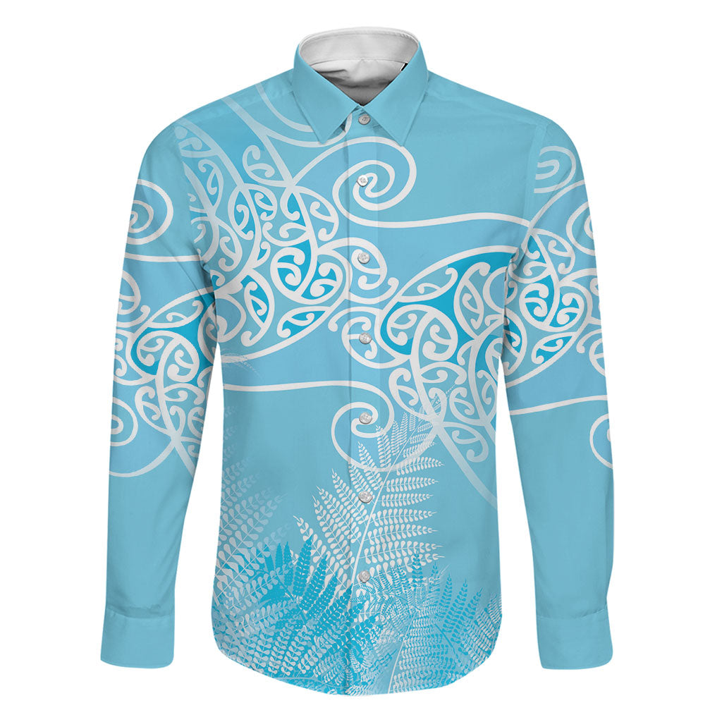 Aotearoa Maori Koru Curves Family Matching Off Shoulder Maxi Dress and Hawaiian Shirt Silver Ferns - Turquoise LT7 Dad's Shirt - Long Sleeve Turquoise - Polynesian Pride