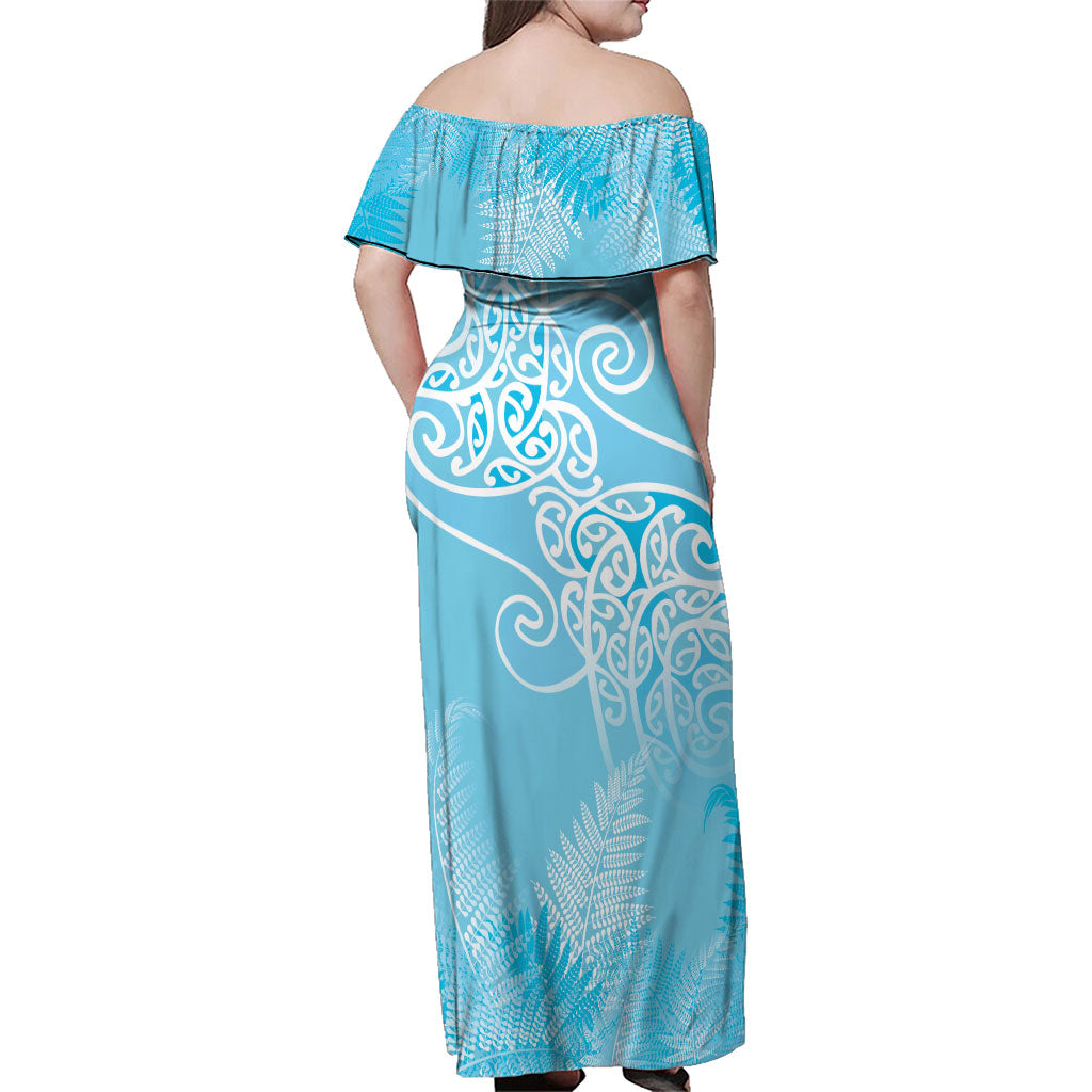 Aotearoa Maori Koru Curves Family Matching Off Shoulder Maxi Dress and Hawaiian Shirt Silver Ferns - Turquoise LT7 - Polynesian Pride