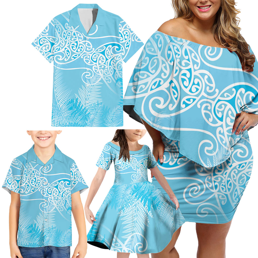 Aotearoa Maori Koru Curves Family Matching Off Shoulder Short Dress and Hawaiian Shirt Silver Ferns - Turquoise LT7 - Polynesian Pride