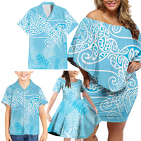 Aotearoa Maori Koru Curves Family Matching Off Shoulder Short Dress and Hawaiian Shirt Silver Ferns - Turquoise LT7 - Polynesian Pride