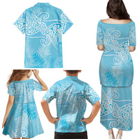 Aotearoa Maori Koru Curves Family Matching Puletasi and Hawaiian Shirt Silver Ferns - Turquoise LT7 - Polynesian Pride