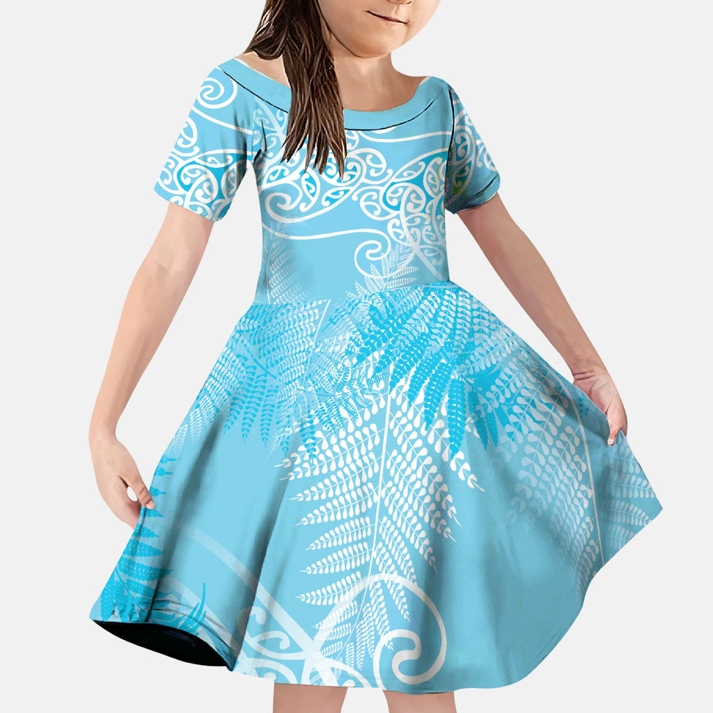 Aotearoa Maori Koru Curves Family Matching Short Sleeve Bodycon Dress and Hawaiian Shirt Silver Ferns - Turquoise LT7 Daughter's Dress Turquoise - Polynesian Pride