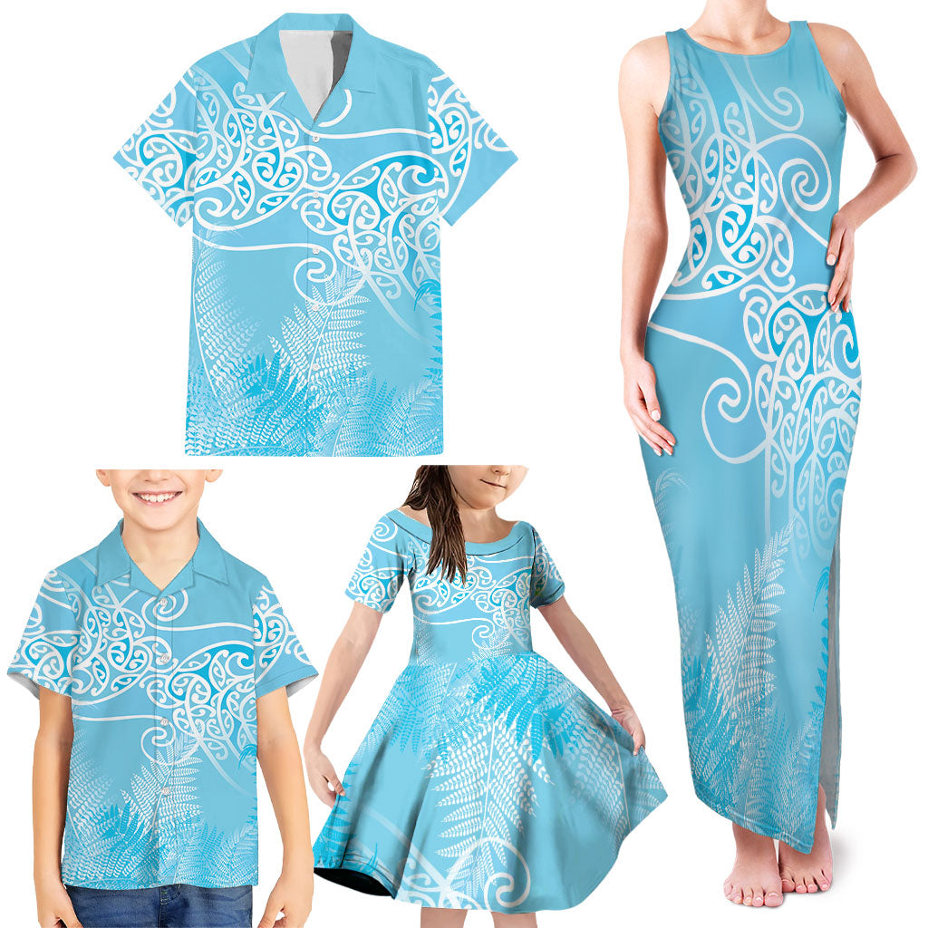 Aotearoa Maori Koru Curves Family Matching Tank Maxi Dress and Hawaiian Shirt Silver Ferns - Turquoise LT7 - Polynesian Pride