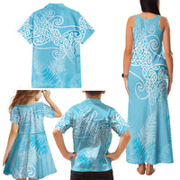 Aotearoa Maori Koru Curves Family Matching Tank Maxi Dress and Hawaiian Shirt Silver Ferns - Turquoise LT7 - Polynesian Pride