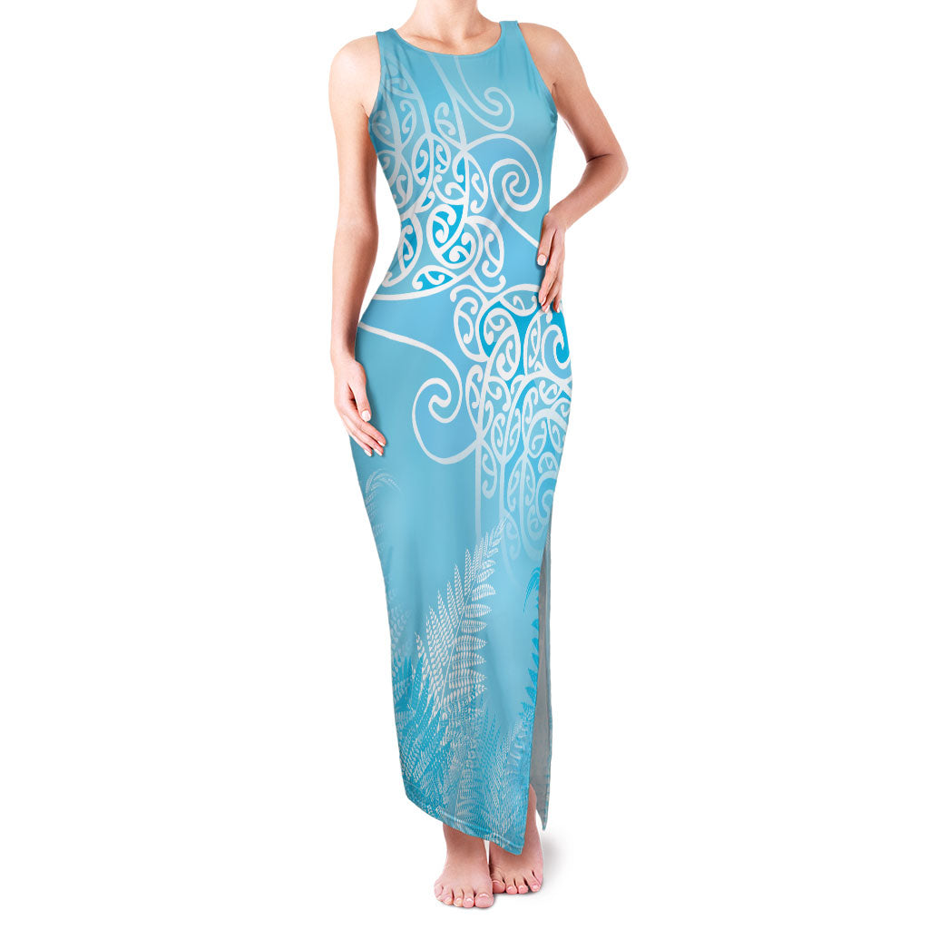 Aotearoa Maori Koru Curves Family Matching Tank Maxi Dress and Hawaiian Shirt Silver Ferns - Turquoise LT7 Mom's Dress Turquoise - Polynesian Pride