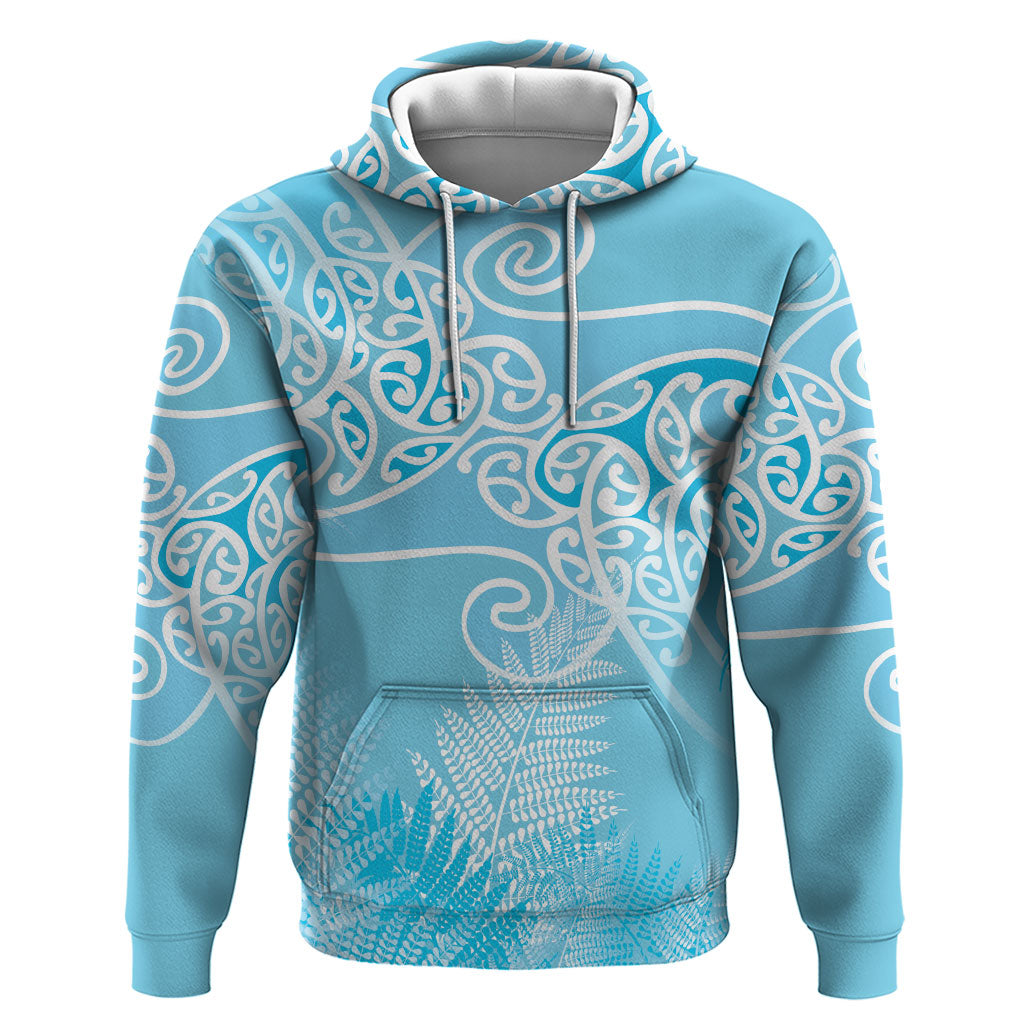 Aotearoa Maori Koru Curves Hoodie Silver Ferns - Turquoise