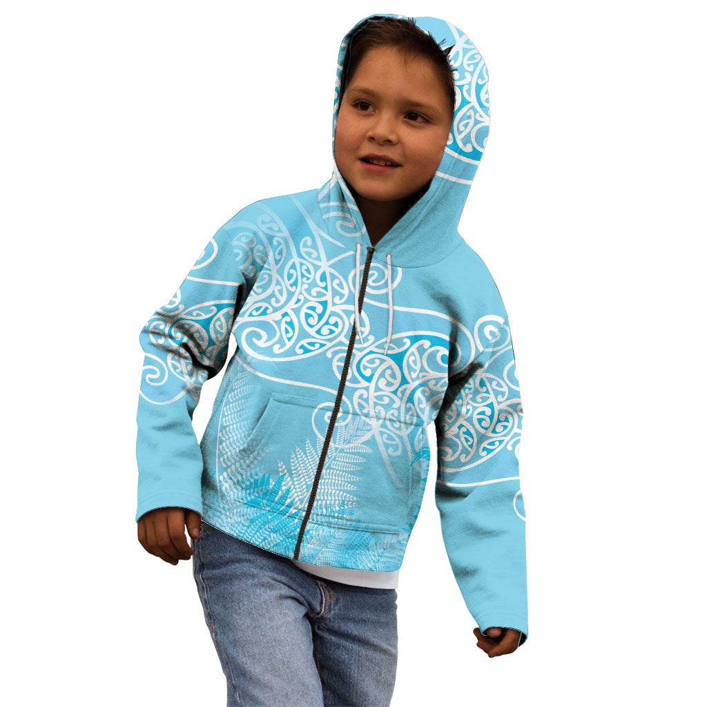 Aotearoa Maori Koru Curves Kid Hoodie Silver Ferns - Turquoise