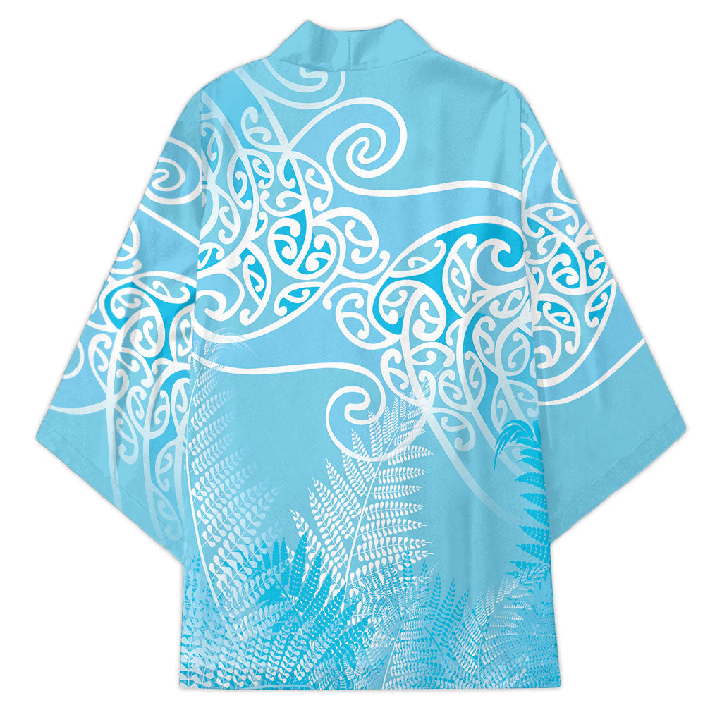 Aotearoa Maori Koru Curves Kimono Silver Ferns - Turquoise