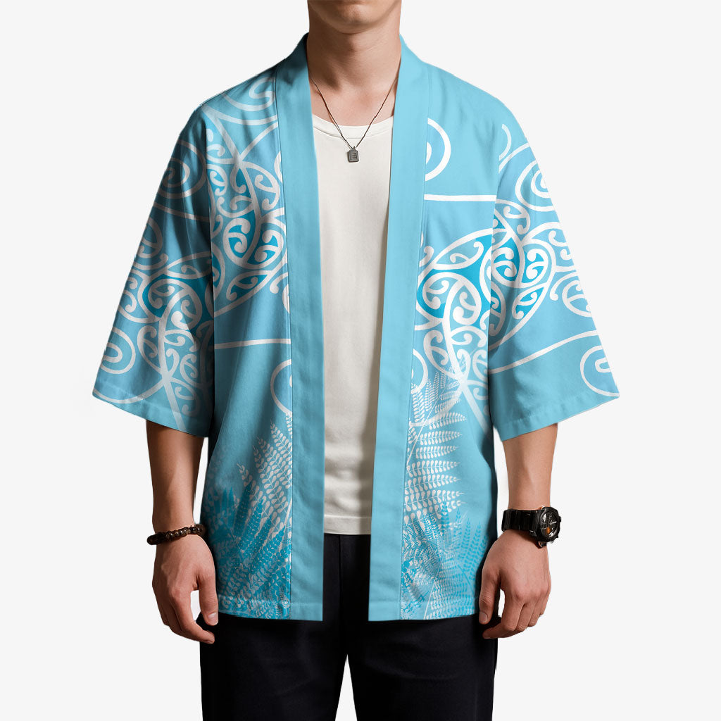 Aotearoa Maori Koru Curves Kimono Silver Ferns - Turquoise