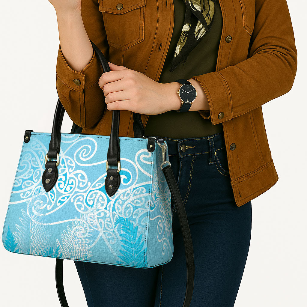 Aotearoa Maori Koru Curves Leather Bag Silver Ferns - Turquoise
