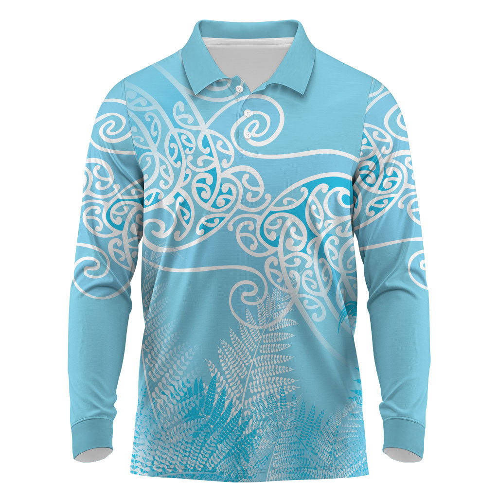 Aotearoa Maori Koru Curves Long Sleeve Polo Shirt Silver Ferns - Turquoise