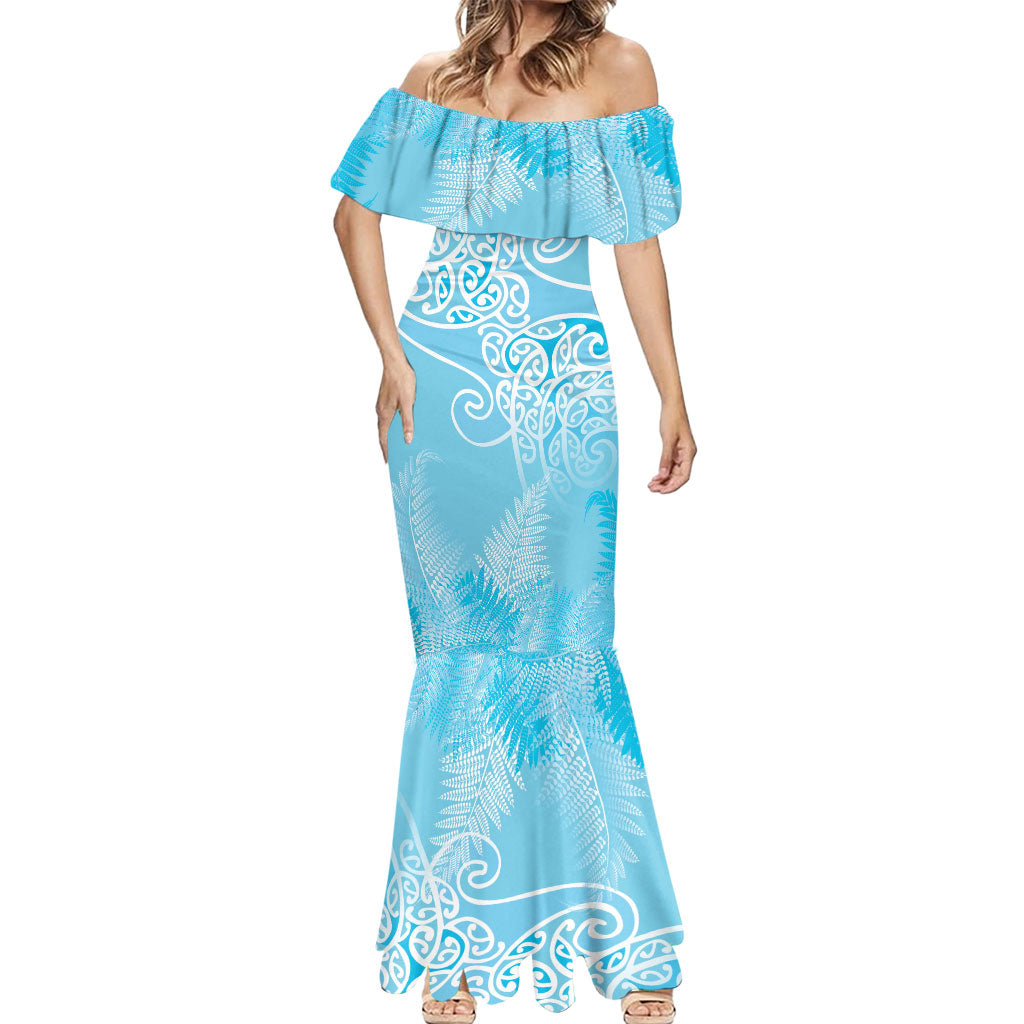 Aotearoa Maori Koru Curves Mermaid Dress Silver Ferns - Turquoise LT7 - Polynesian Pride