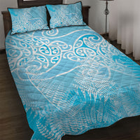 Aotearoa Maori Koru Curves Quilt Bed Set Silver Ferns - Turquoise