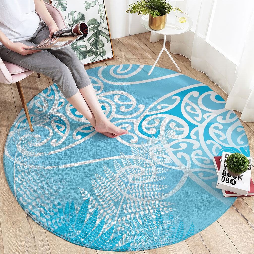 Aotearoa Maori Koru Curves Round Carpet Silver Ferns - Turquoise