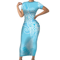 Aotearoa Maori Koru Curves Short Sleeve Bodycon Dress Silver Ferns - Turquoise