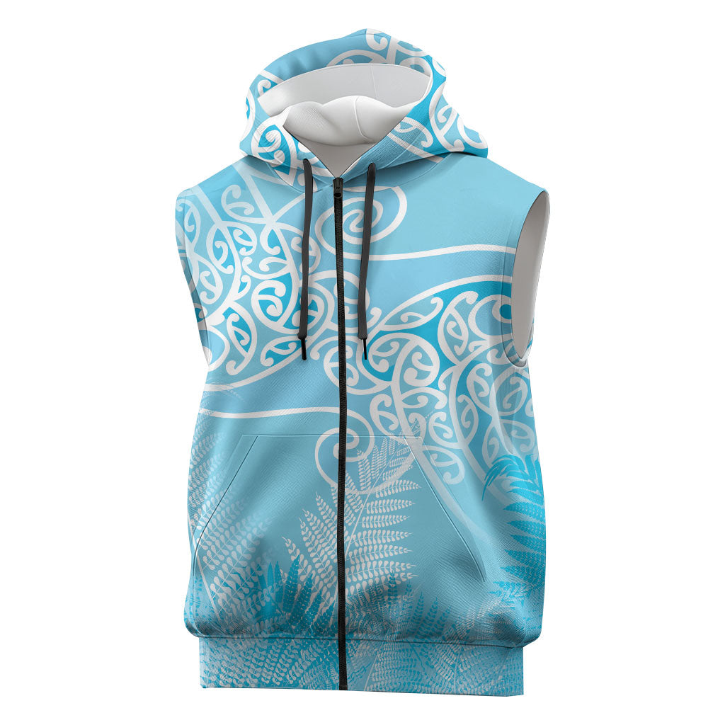 Aotearoa Maori Koru Curves Sleeveless Zip Hoodie Silver Ferns - Turquoise LT7 Turquoise - Polynesian Pride
