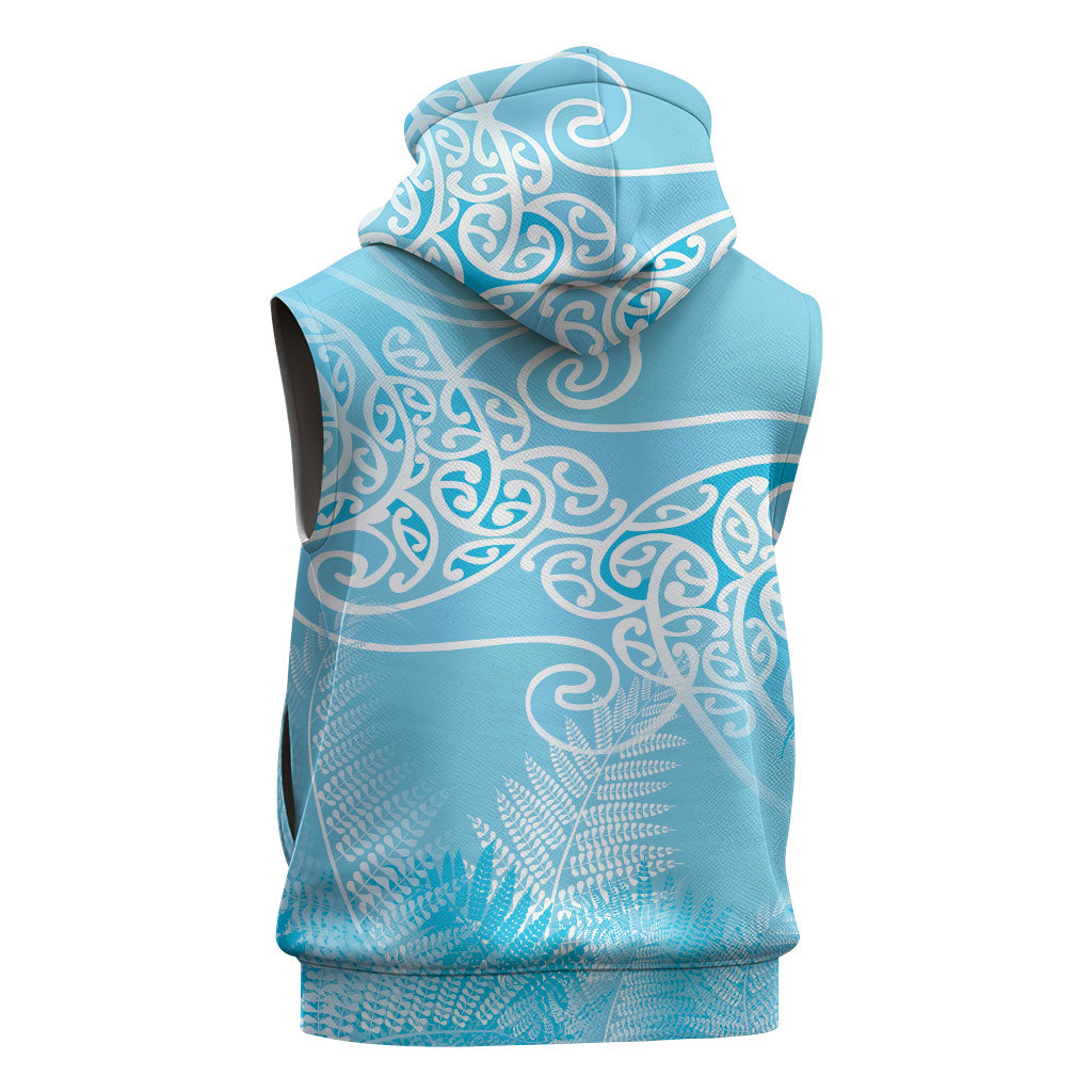 Aotearoa Maori Koru Curves Sleeveless Zip Hoodie Silver Ferns - Turquoise LT7 - Polynesian Pride