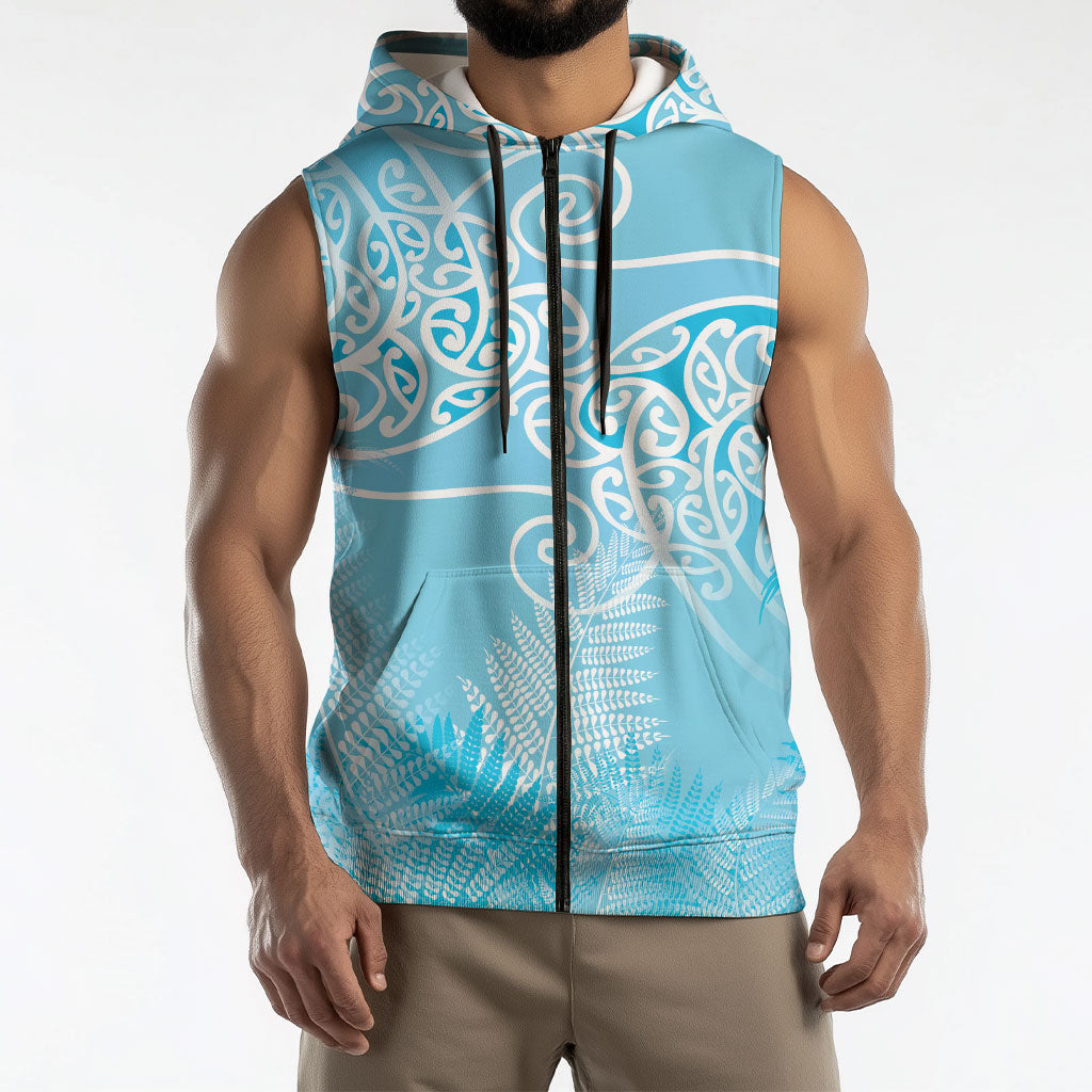 Aotearoa Maori Koru Curves Sleeveless Zip Hoodie Silver Ferns - Turquoise LT7 - Polynesian Pride