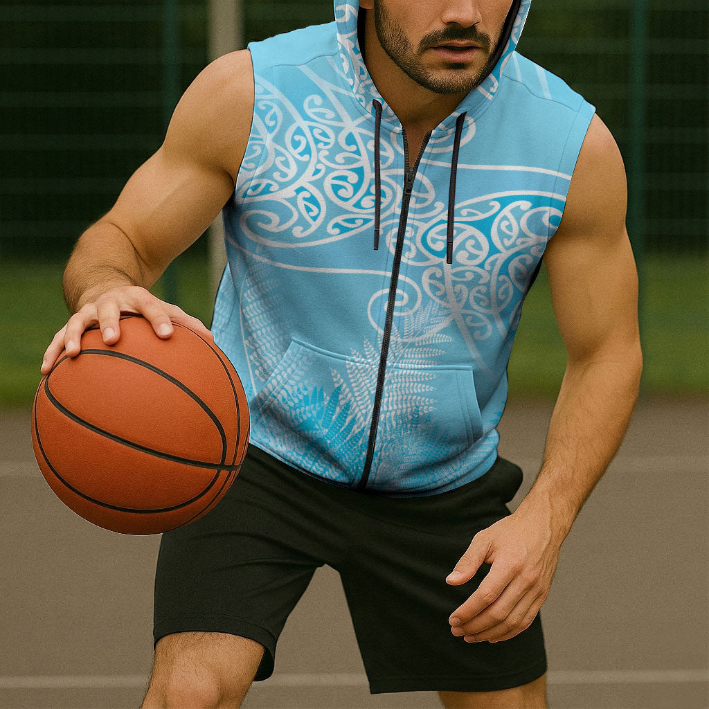 Aotearoa Maori Koru Curves Sleeveless Zip Hoodie Silver Ferns - Turquoise LT7 - Polynesian Pride