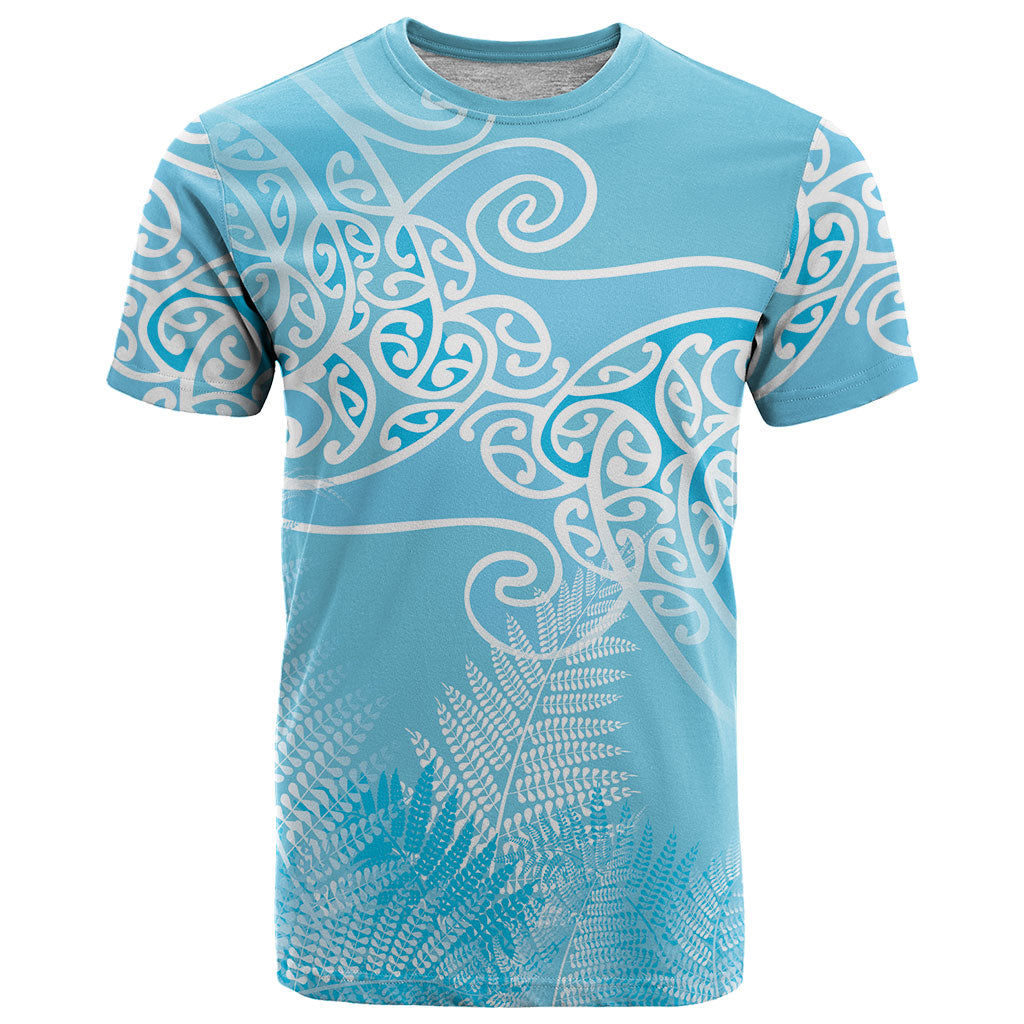 Aotearoa Maori Koru Curves T Shirt Silver Ferns - Turquoise