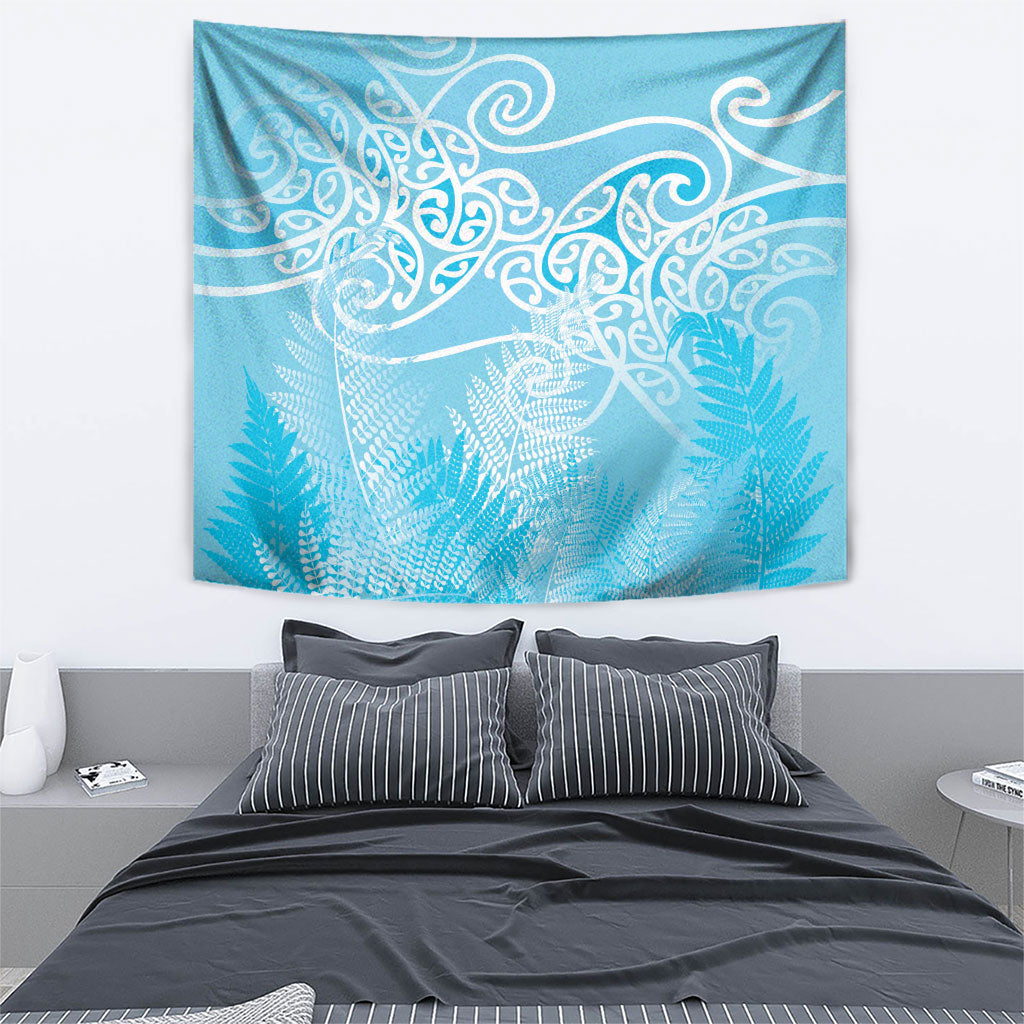 Aotearoa Maori Koru Curves Tapestry Silver Ferns - Turquoise