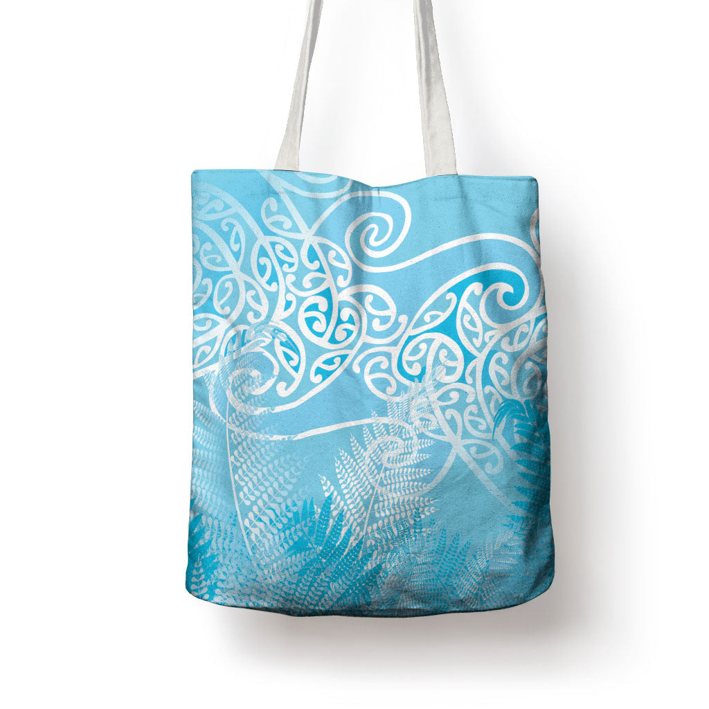 Aotearoa Maori Koru Curves Tote Bag Silver Ferns - Turquoise