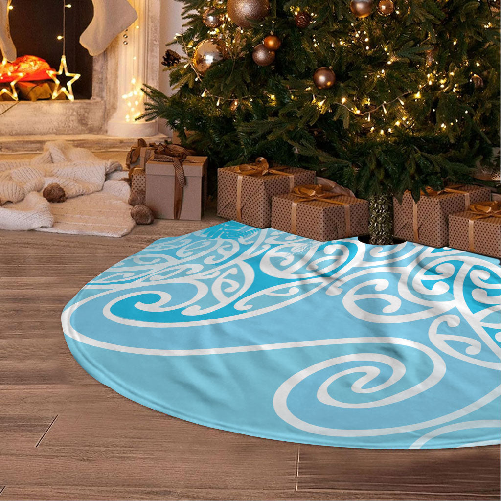 Aotearoa Maori Koru Curves Tree Skirt Silver Ferns - Turquoise LT7 - Polynesian Pride