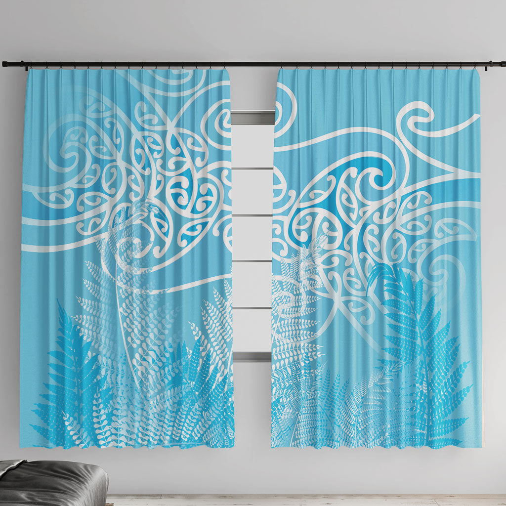 Aotearoa Maori Koru Curves Window Curtain Silver Ferns - Turquoise