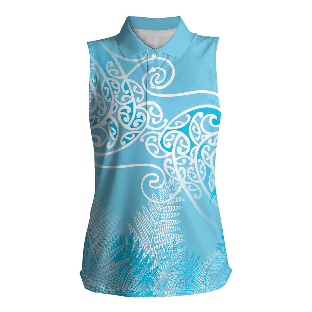 Aotearoa Maori Koru Curves Women Sleeveless Polo Shirt Silver Ferns - Turquoise