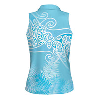 Aotearoa Maori Koru Curves Women Sleeveless Polo Shirt Silver Ferns - Turquoise