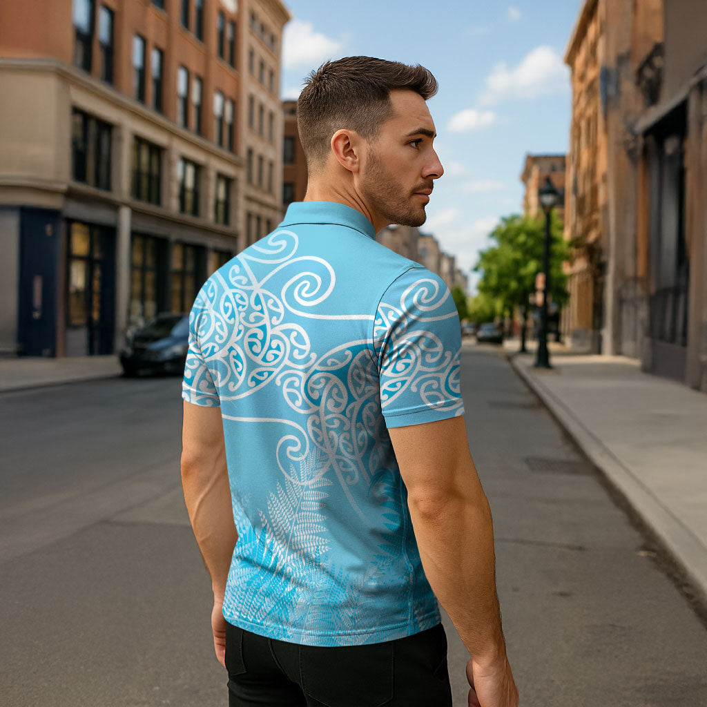 Aotearoa Maori Koru Curves Zipper Polo Shirt Silver Ferns - Turquoise