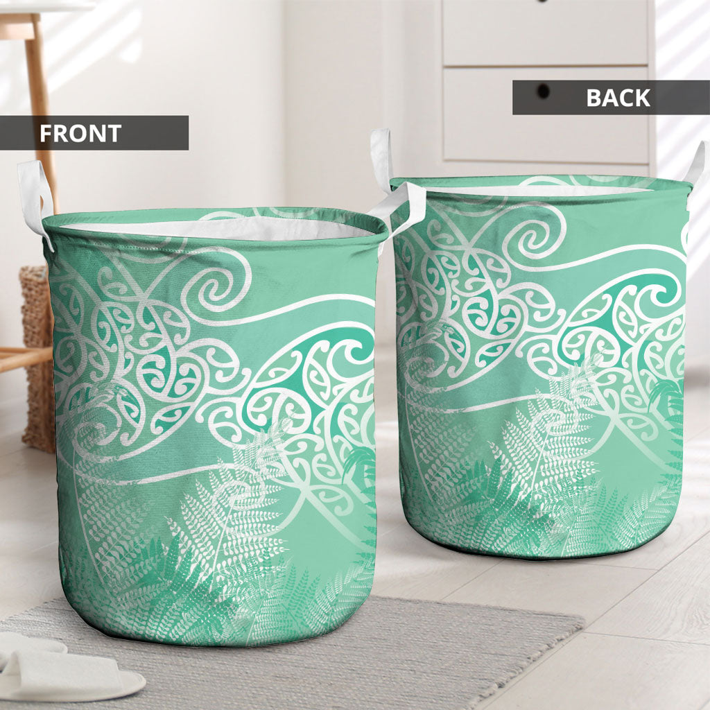 Aotearoa Maori Koru Curves Laundry Basket Silver Ferns - Mint
