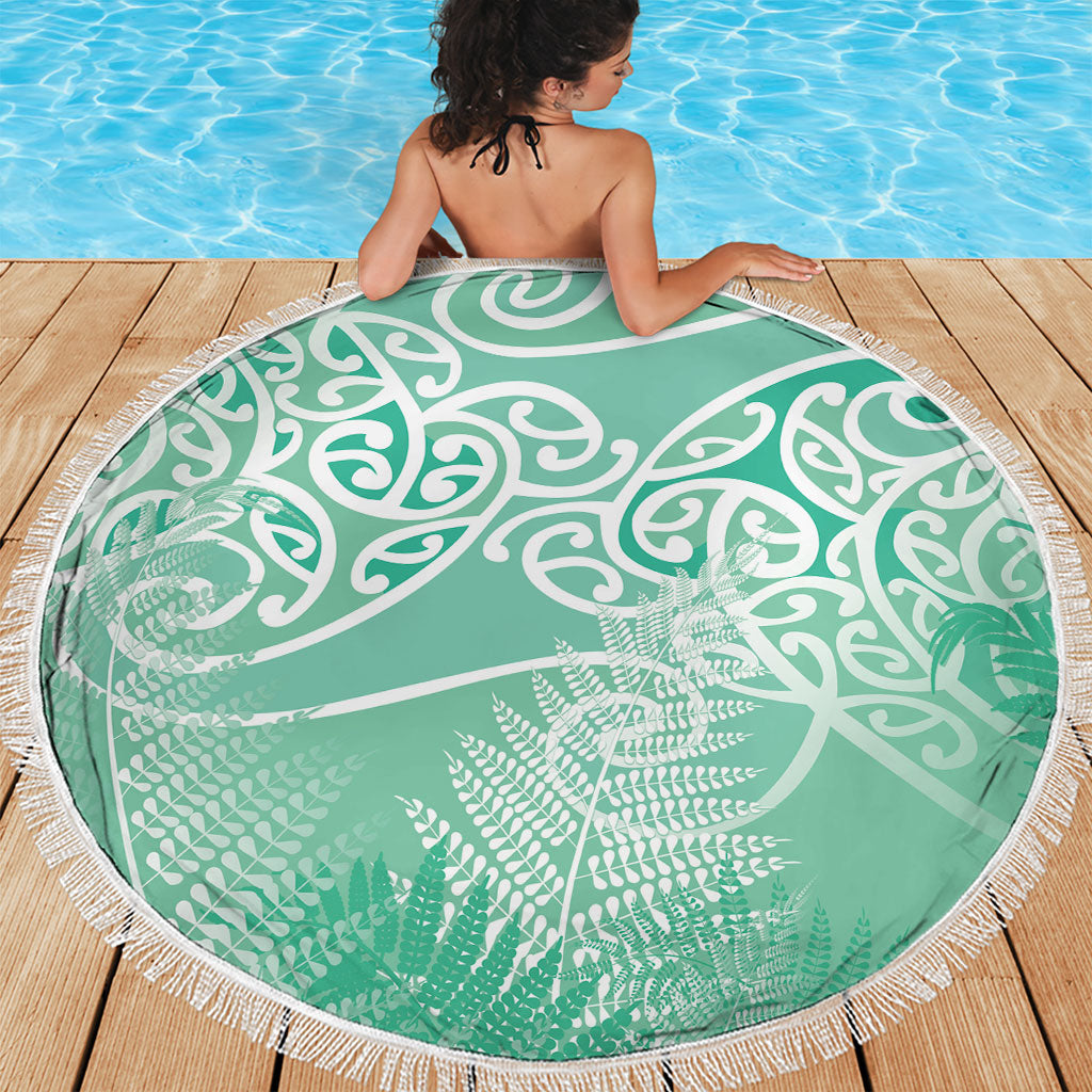 Aotearoa Maori Koru Curves Beach Blanket Silver Ferns - Mint
