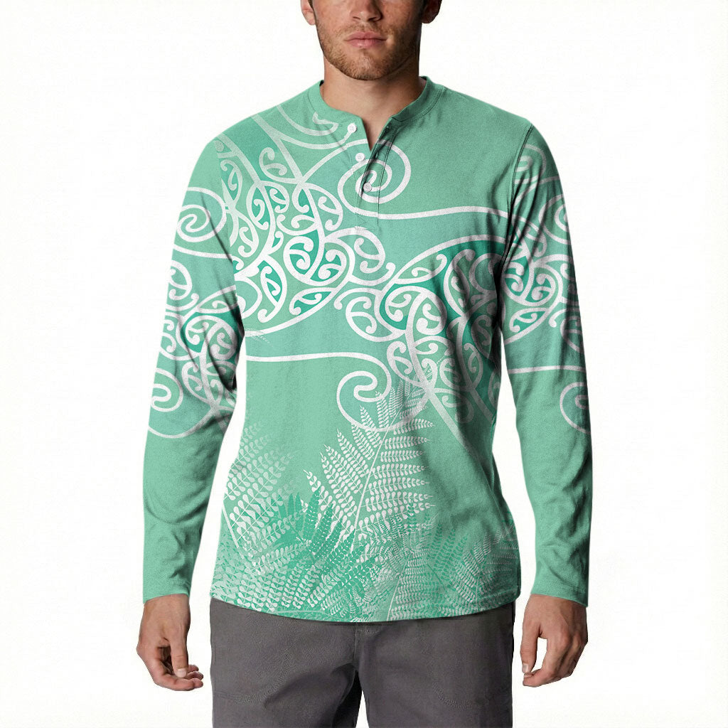 Aotearoa Maori Koru Curves Button Sweatshirt Silver Ferns - Mint