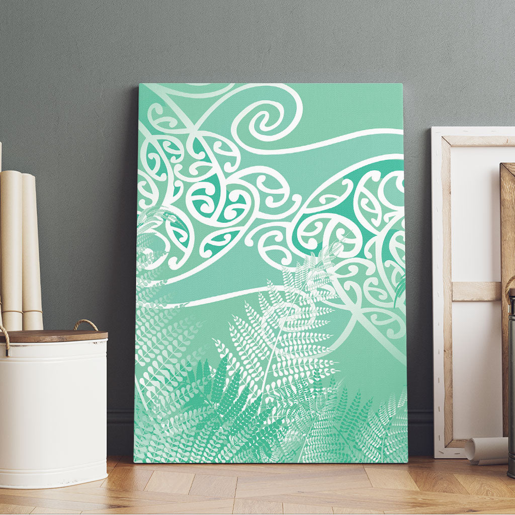 Aotearoa Maori Koru Curves Canvas Wall Art Silver Ferns - Mint