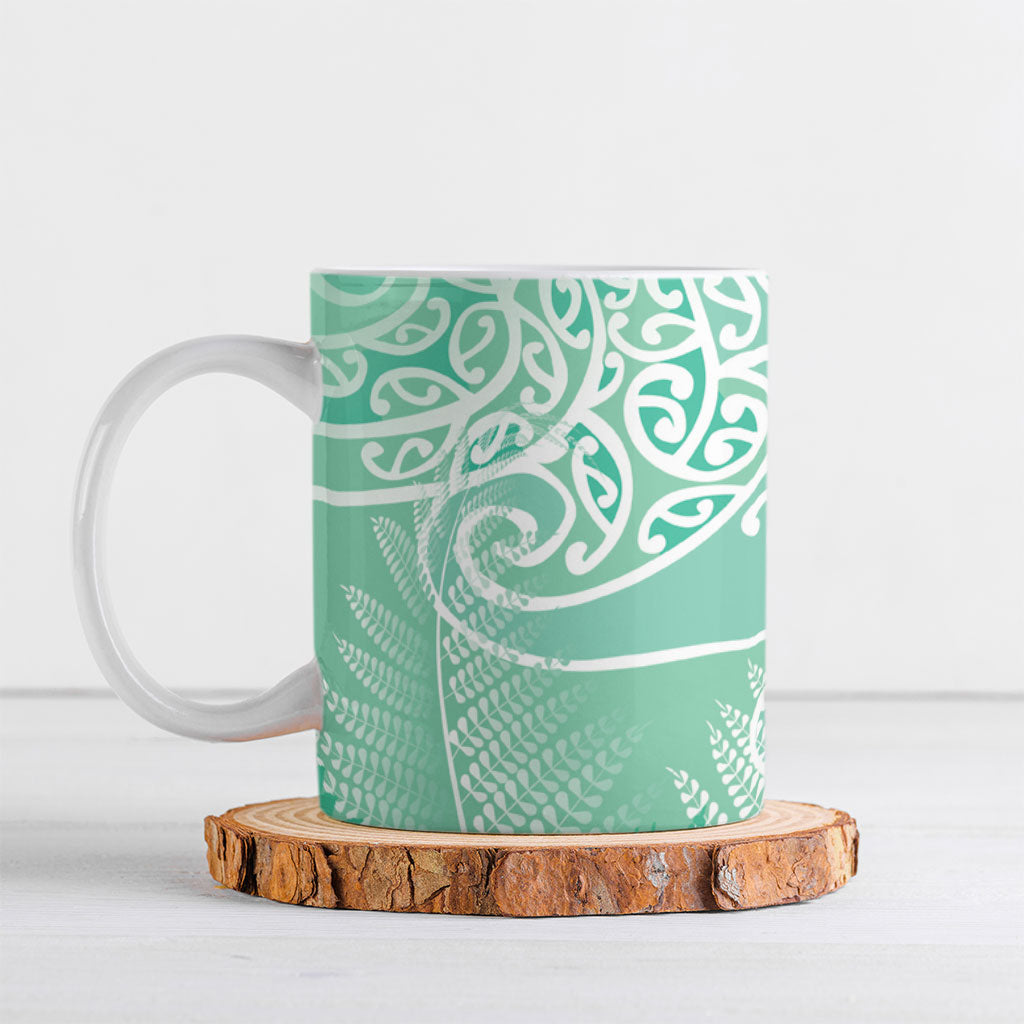 Aotearoa Maori Koru Curves Ceramic Mug Silver Ferns - Mint
