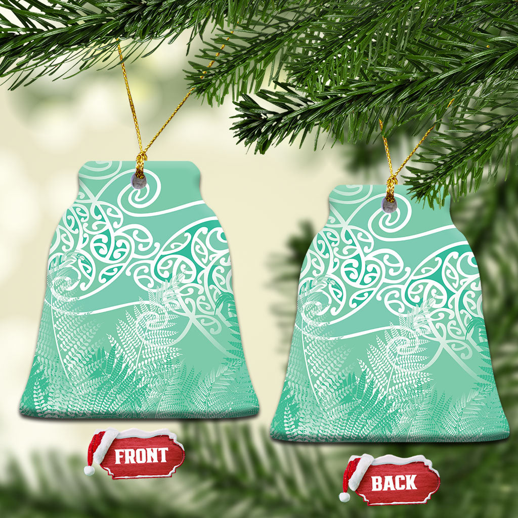 Aotearoa Maori Koru Curves Ceramic Ornament Silver Ferns - Mint LT7 Bell Flake Mint Green - Polynesian Pride