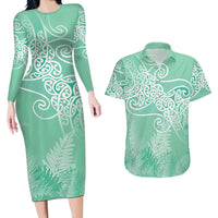 Aotearoa Maori Koru Curves Couples Matching Long Sleeve Bodycon Dress and Hawaiian Shirt Silver Ferns - Mint LT7 Mint Green - Polynesian Pride