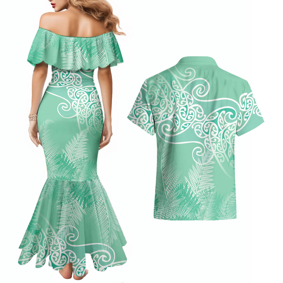 Aotearoa Maori Koru Curves Couples Matching Mermaid Dress and Hawaiian Shirt Silver Ferns - Mint LT7 - Polynesian Pride