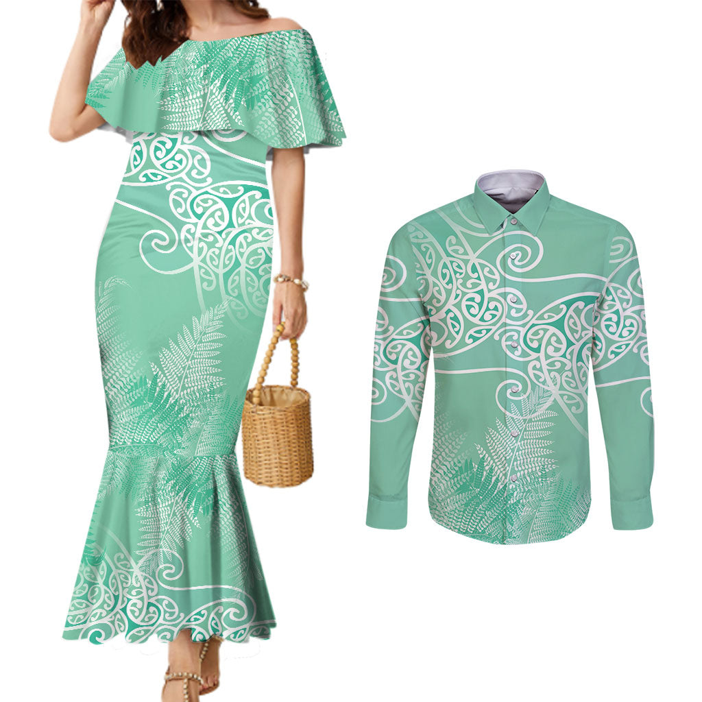 Aotearoa Maori Koru Curves Couples Matching Mermaid Dress and Long Sleeve Button Shirt Silver Ferns - Mint LT7 Mint Green - Polynesian Pride