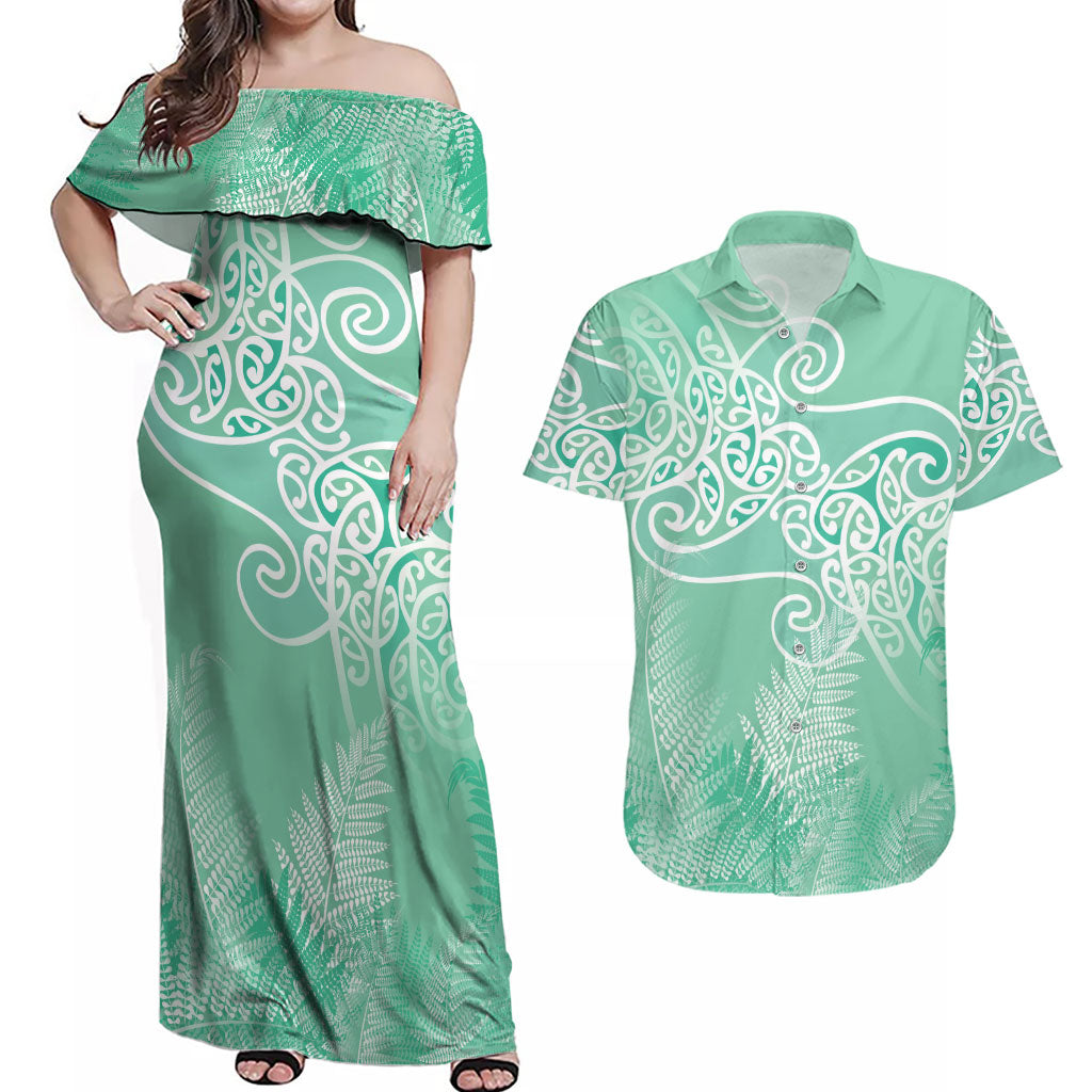 Aotearoa Maori Koru Curves Couples Matching Off Shoulder Maxi Dress and Hawaiian Shirt Silver Ferns - Mint LT7 Mint Green - Polynesian Pride