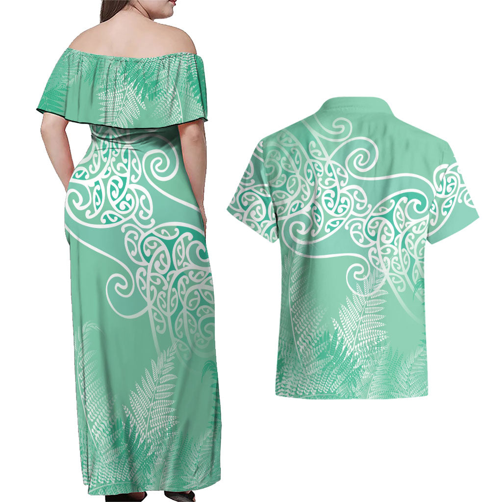 Aotearoa Maori Koru Curves Couples Matching Off Shoulder Maxi Dress and Hawaiian Shirt Silver Ferns - Mint