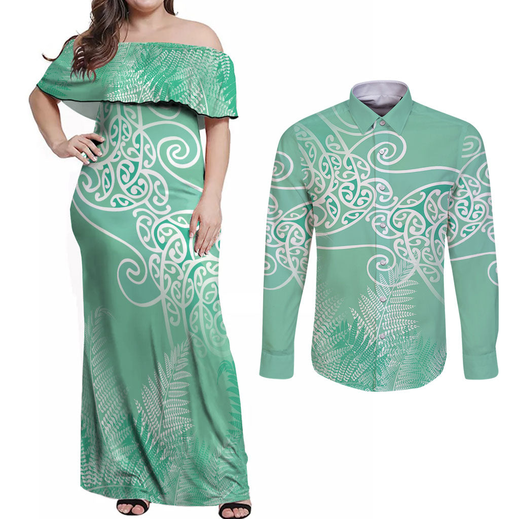 Aotearoa Maori Koru Curves Couples Matching Off Shoulder Maxi Dress and Long Sleeve Button Shirt Silver Ferns - Mint LT7 Mint Green - Polynesian Pride